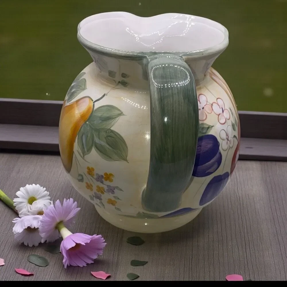 Hand Painted Fruit Floral Ceramic Pitcher Multicolor Vintage Farmhouse Style